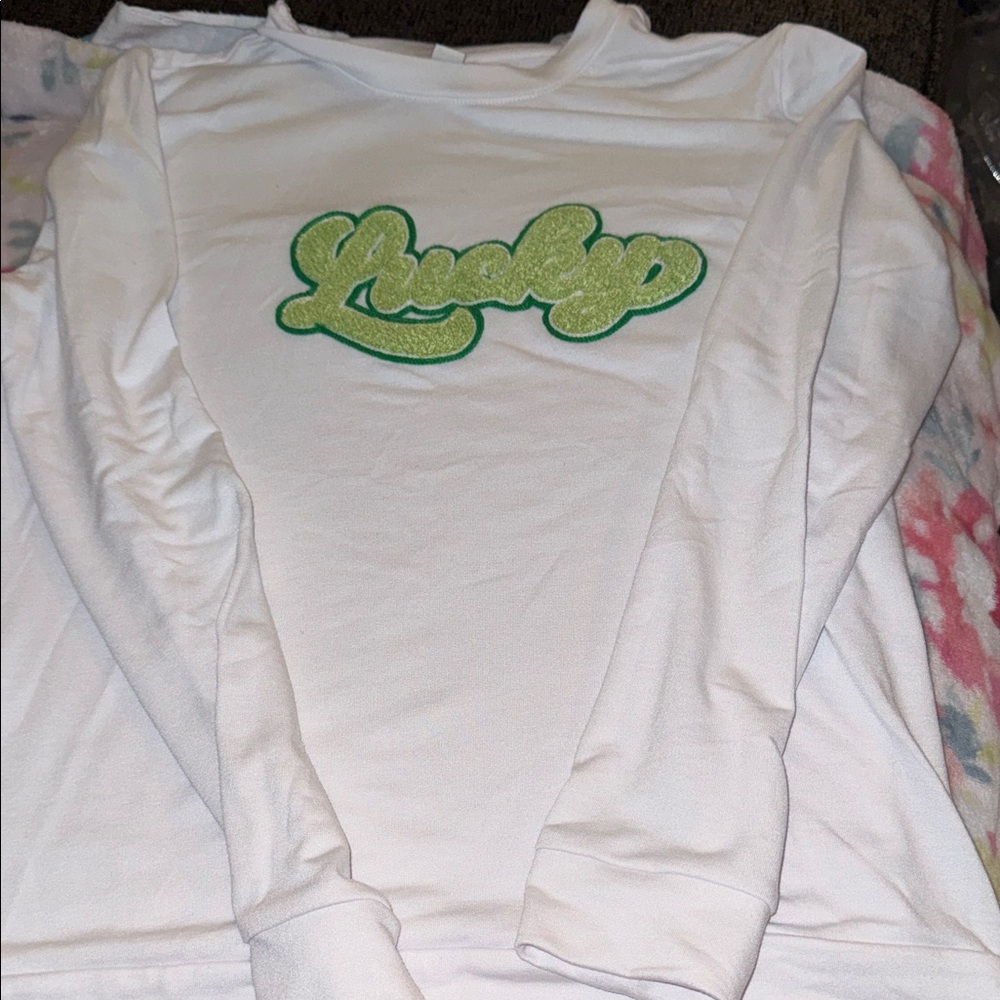 White Kids Long-Sleeve Top with Green Script Graphic